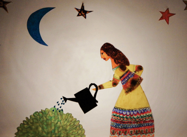 Niña regando albahaca